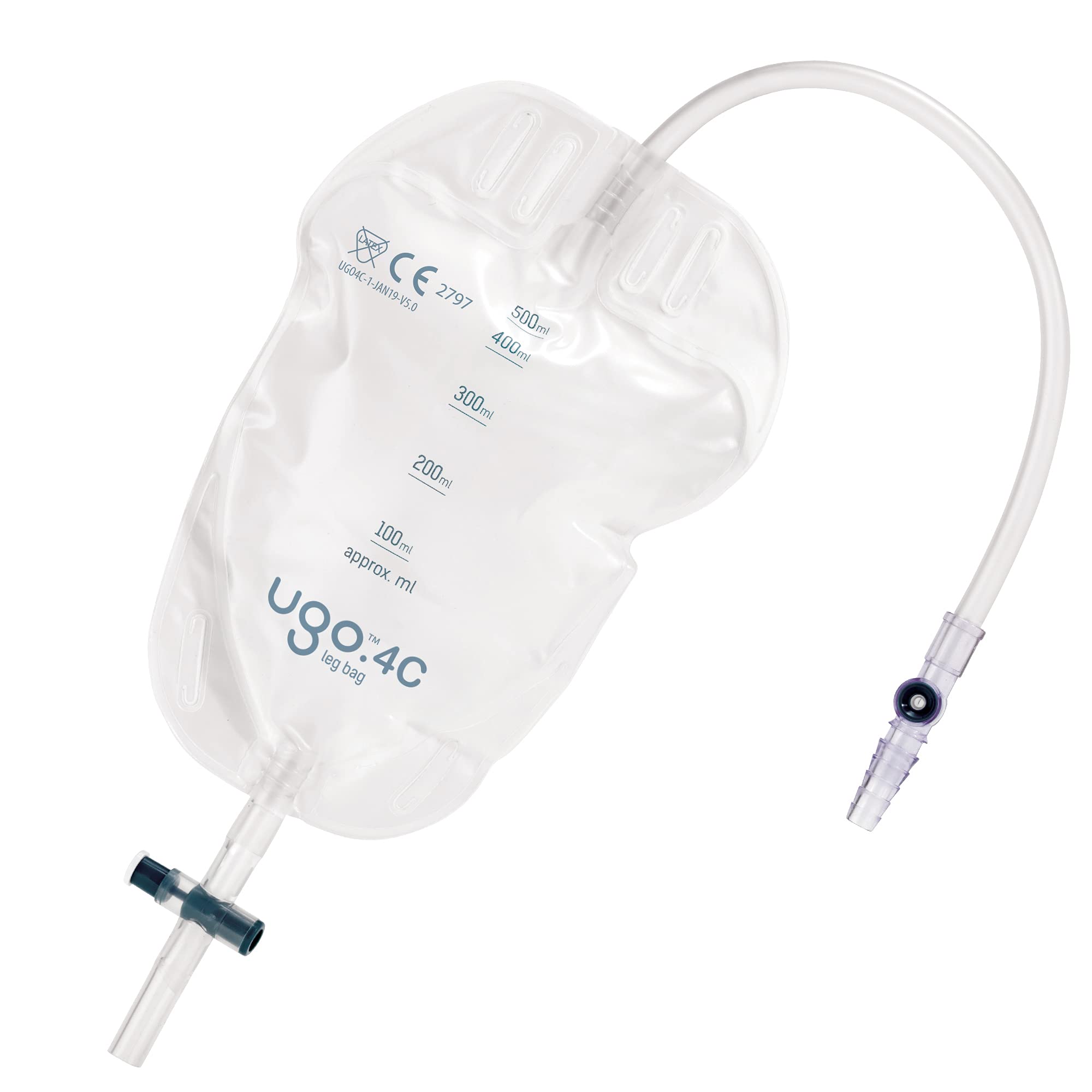 Ugo Leg Bags – Urine Drainage Bags/Catheter Leg Bags, T Tap or Lever Tap with Soft Fabric Backing and a Natural Leg-Shape Design (Pack of 10) (4C - 500ml, Long Tube, T Tap)