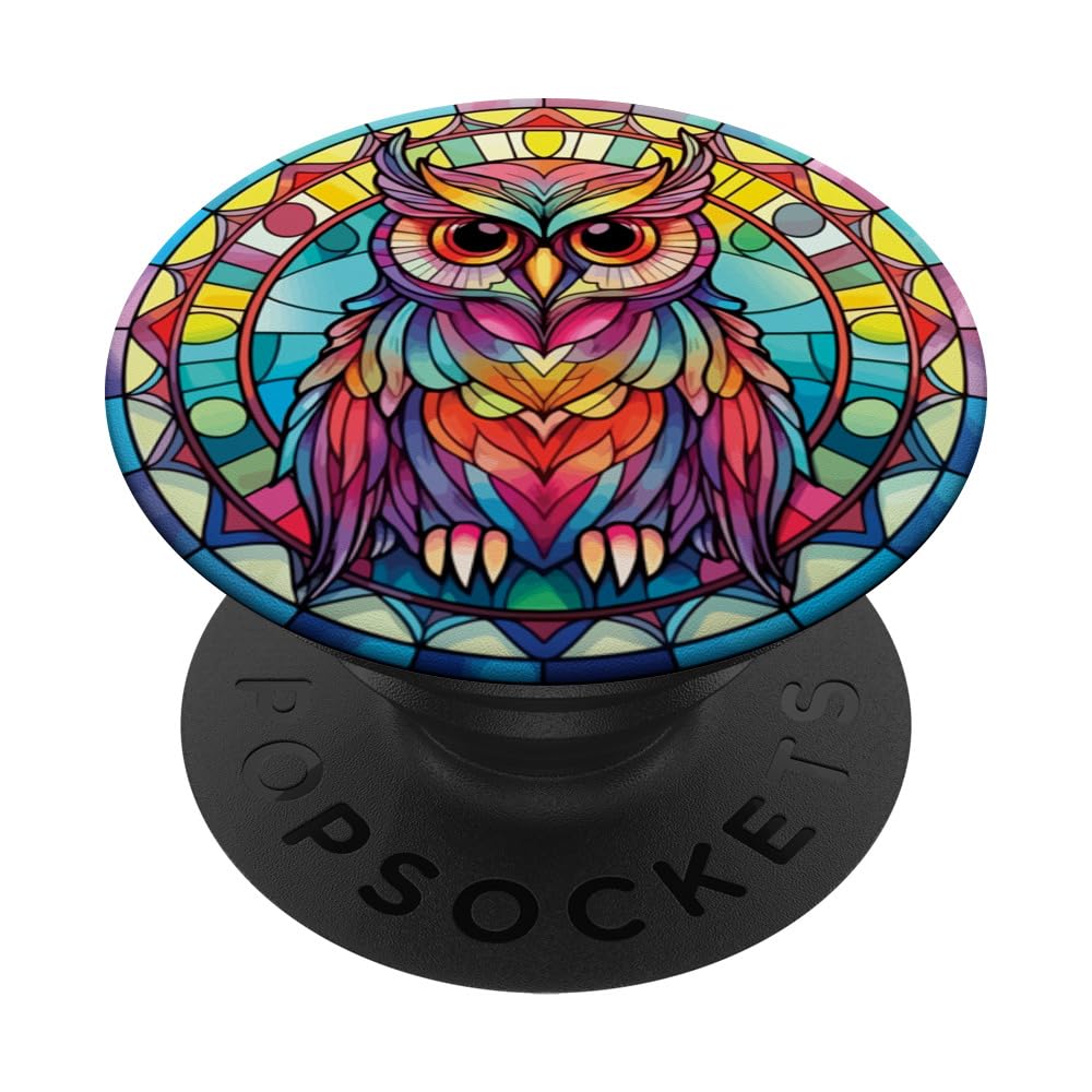Beautiful Stained Glass Style Owl Colorful Owl Art Portrait PopSockets Swappable PopGrip