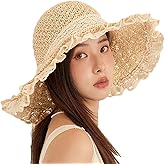 Womens Sun Hat Floppy Wide Brim Lace Beach Cap UPF 50+ Foldable Summer Travel Straw Sun Hats for Women
