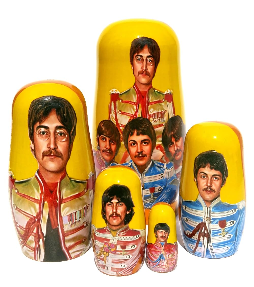New The Beatles SGT. Pepper's Russian Style Nesting Doll 5 Piece Stacking Matryoshka Portrait Memorabilia Wooden Doll in Doll Set 5.5-6 Inches Tall
