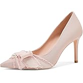 Voaboasy Bowknot Women Pumps Low Heels Dress Shoes,Comfortable Pointed Toe Kitten Heels,3 Inch Office Shoes,Pink 7.5