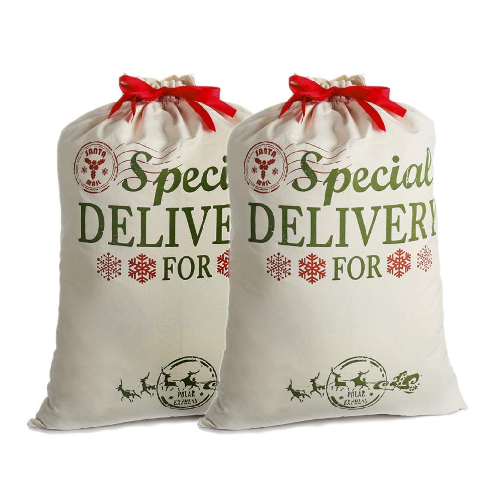 2 Pack Santa Sacks Christmas Canvas Gift Bags Extra Large with Red Drawstring for Xmas Stockings Stuffers Presents Holder & Party Decorations For Kids (26.8’’ X 19.7’’)