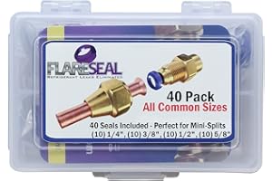 FlareSeal 40 Pack Starter Leak Free SAE Flare Fitting Refrigerant Leaks Eliminated - Refrigeration, HVAC, Ductless, Schrader Valve or Mini Split (1/4", 3/8", 1/2", 5/8", 40 Pack Starter Kit
