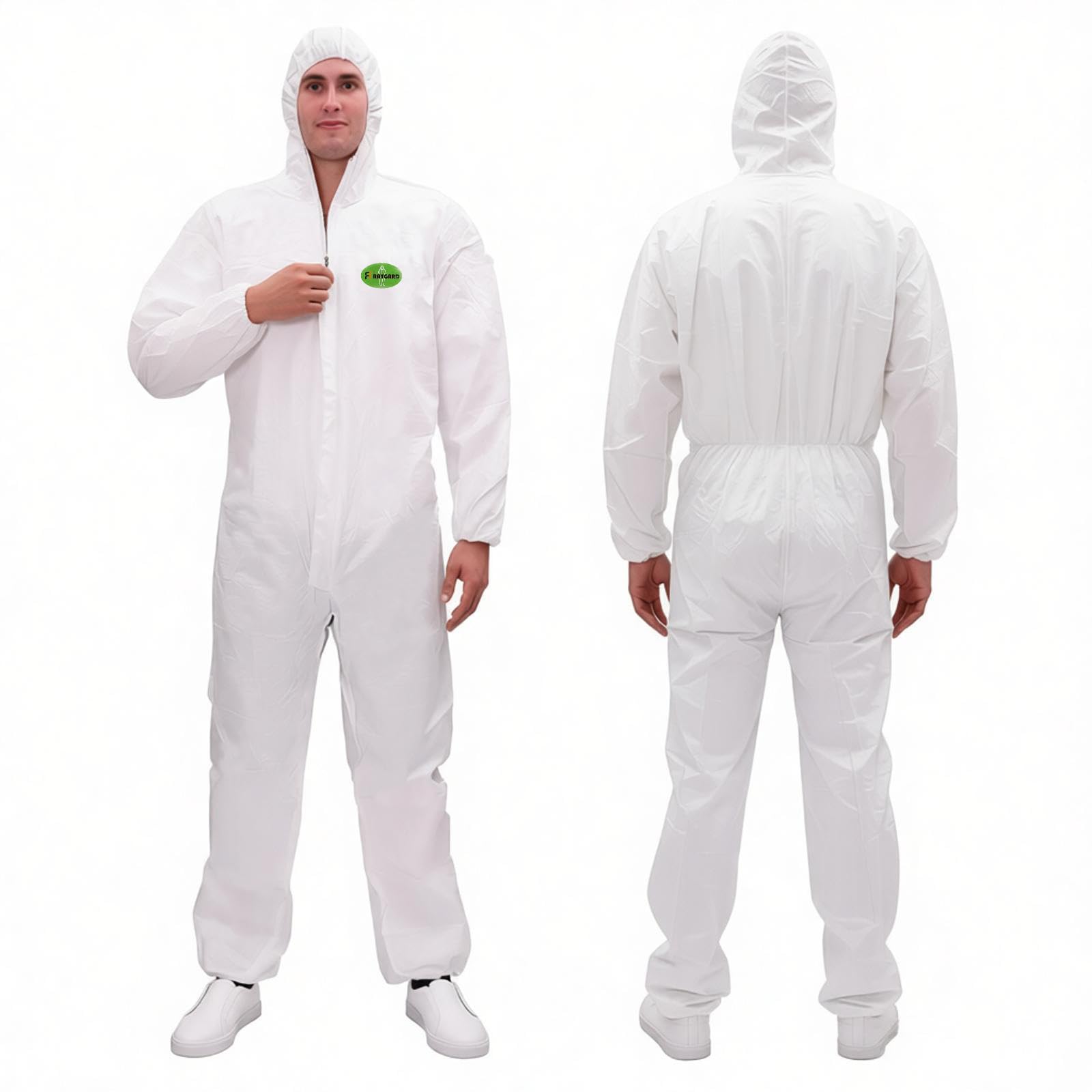 RAYGARD 30203 Protective Disposable Breathable Coveralls Suit with Hood, Elastic at Cuffs, Ankles and Waist,Zip Front Opening, Serged Seams for Spray Paint,Industrial(2X-Large,White)