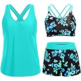Holipick 3 Piece Tankini Swimsuits for Women Tummy Control Bathing Suits Swim Tank Top with Bra Boy Shorts Teen Swimwear
