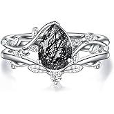 Luyona Natural Moss Agate Ring for Women 925 Sterling Silver Pear/Oval/Kite Cut Green Leaf Moss Agate Engagement Ring Promise Bridal Ring Set Anniversary Birthday Jewelry Gift-PJFJ9