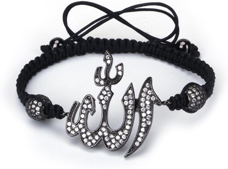Allah Bracelet with Muslim Islamic Charm Handmade Macrame Adjustable (Black)