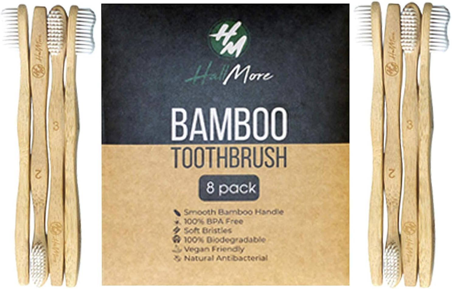 HallMore Bamboo Toothbrush,Biodegradable Soft Bristles Toothbrushes, 8 Pack