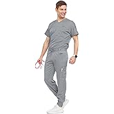 Medichic Men's Workwear Stretch V-Neck Scrub Joggers Set with Seven-Pocket Pants, Available in 6+ Colors