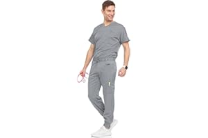 Medichic Men's Workwear Stretch V-Neck Scrub Joggers Set with Seven-Pocket Pants, Available in 6+ Colors