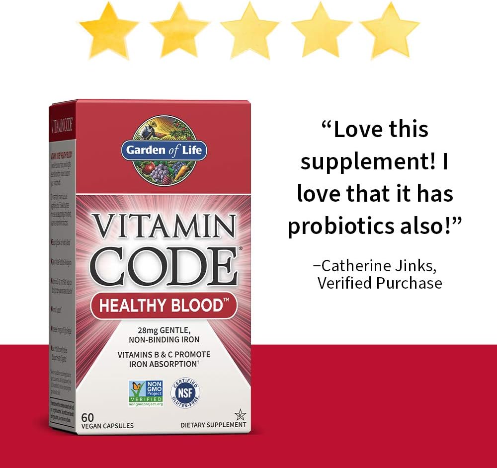 Garden of Life Vitamin Code Iron Supplement, Healthy Blood - 60 Vegan Capsules, 28g Iron, Vitamins B, C, Trace Minerals, Fruit Veggies & Probiotics, Iron Supplements for Women Energy & Anemia Support: Health & Personal Care