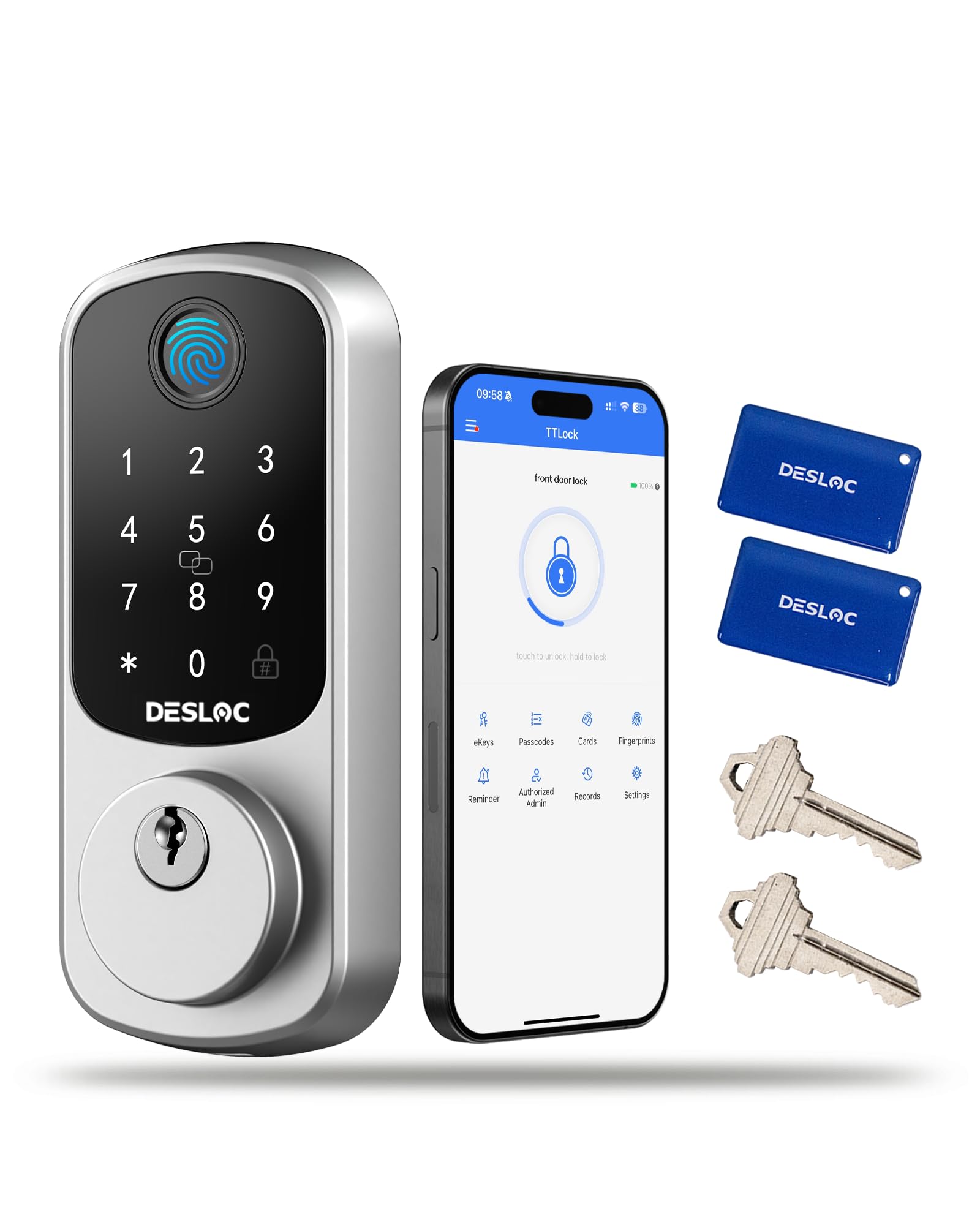 Photo 1 of DESLOC Smart Door Lock B200, Smart Deadbolt Lock, Keyless Entry Door Lock, Fingerprint Smart Lock, Smart Locks for Front Door, App Control, Touchscreen Keypad Deadbolts,12-Month Battery, Silver