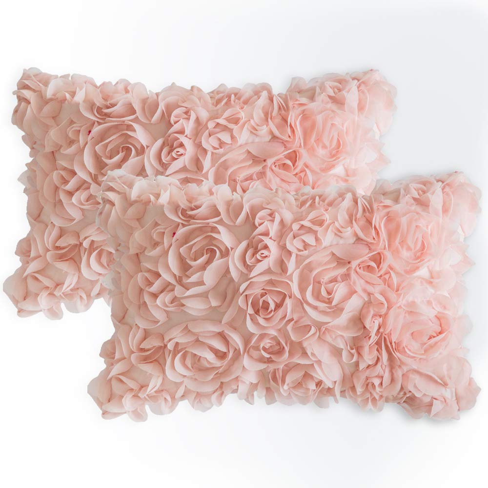 MIULEE 3D Rose Flower Pillow Covers Pack of 2 Decorative Spring Floral Romantic Stereo Chiffon Aesthetic Solid Pillowcase for Girl Bedroom Living Room Decor 12x20 Inch Peach Pink