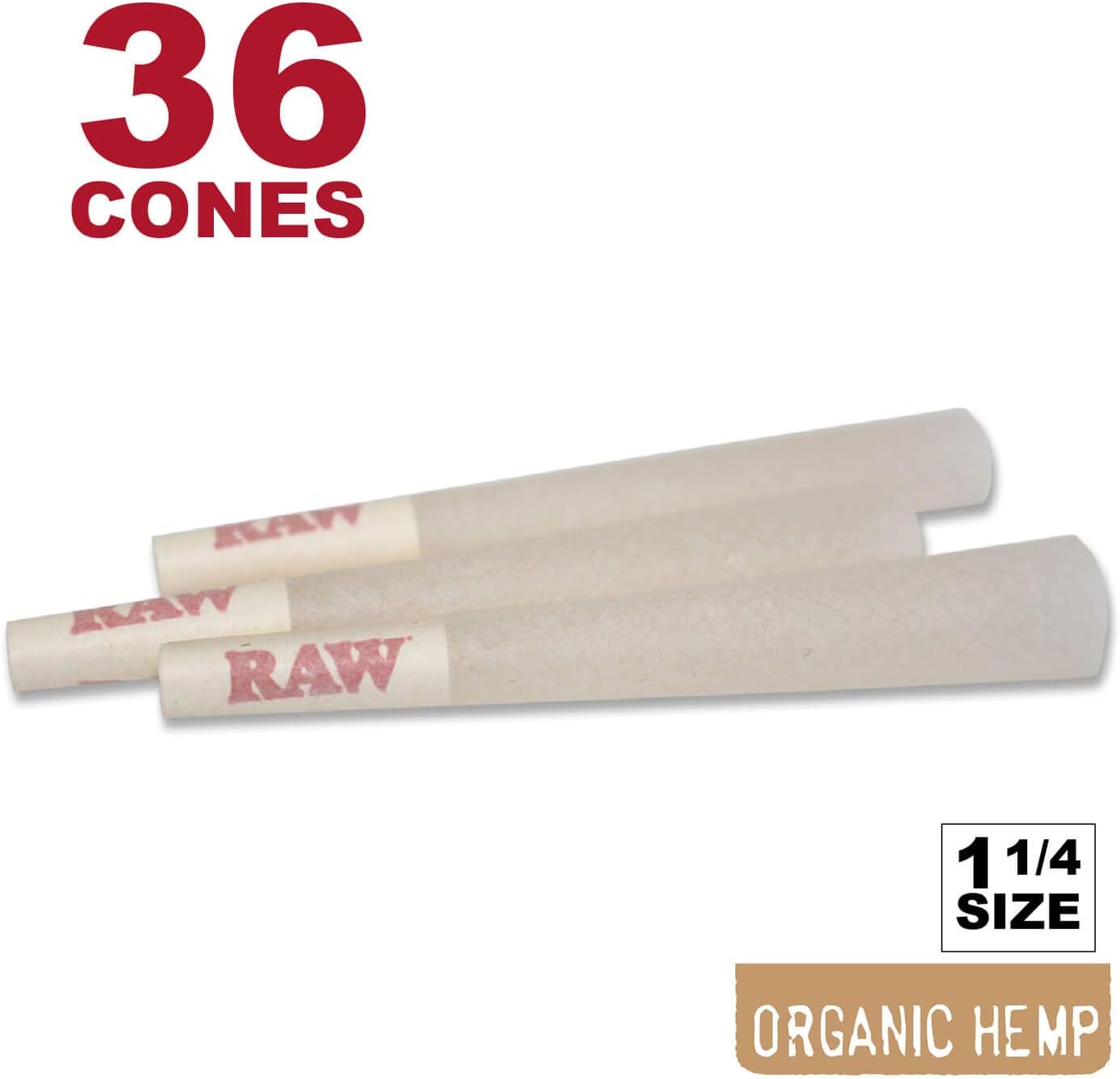 RAW 36 Organic 1 1/4 Cones - Sturdy W Gallery Box - Pure Hemp 1.25 84mm Pre-Rolled Cones - 26mm Filter Tips - Natural Unbleached Unrefined Rolling Papers - 30 32 + Bonus Pack