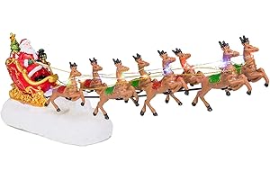 innodept12 Christmas Winter Santa's Sleigh with 8 Reindeers - Winter Lane Christmas Village Decor Santa Sleight with Reindeer LED Light String and Music, Fireplace Home Decor Xmas, Red Sleigh