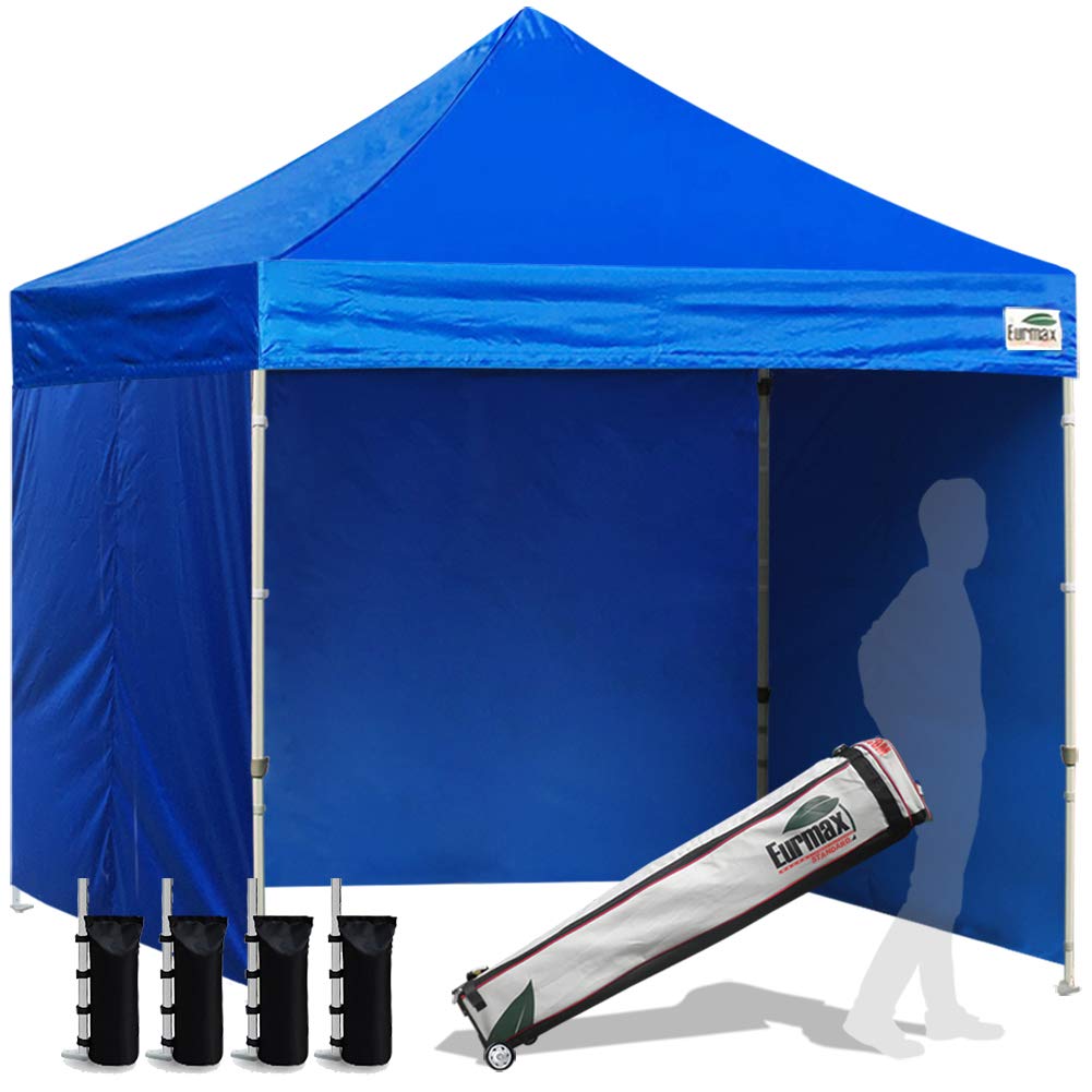 Photo 1 of Eurmax USA 8'x8' Pop-up Canopy Tent Commercial Instant Canopies with 4 Removable Zipper End Side Walls and Roller Bag, Bonus 4 SandBags(Blue)
