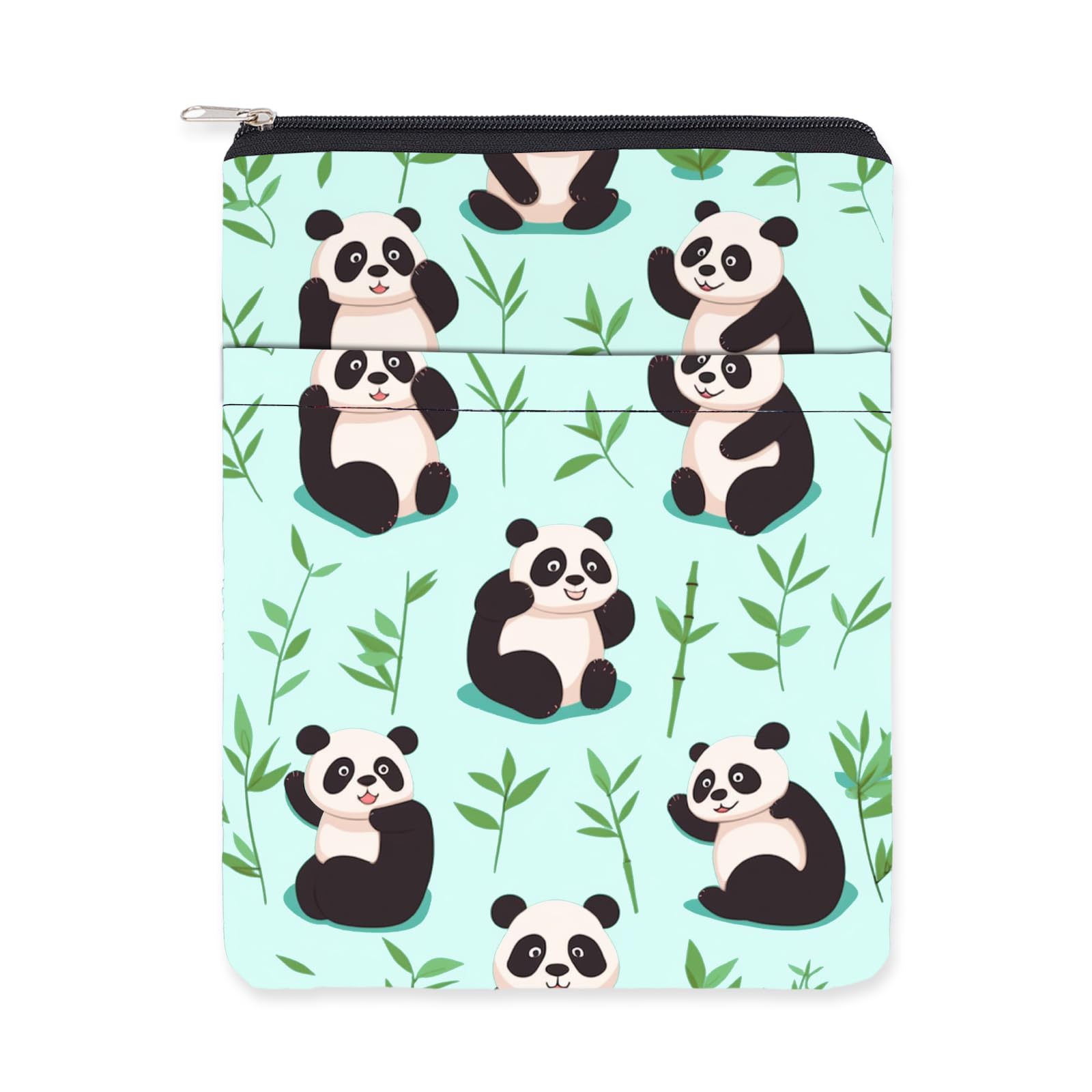 NICENEEDED Panda Bamboo Book Sleeves with Zipper, Waterproof Front Pocket Book Covers for Women Men Readers, Washable Book Protectors for Notebooks Hardcover and Paperback
