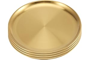 JOIKIT 4 Pack 12 Inch Gold Stainless Steel Plate, Round Metal Dinner Plates, Kitchenware Dinner Dishes Serving Tray Large Cam