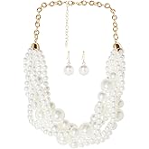 Ufraky Fashion Faux Pearl Statement Chunky Bib Choker Necklace and Earring Set for Women Gift