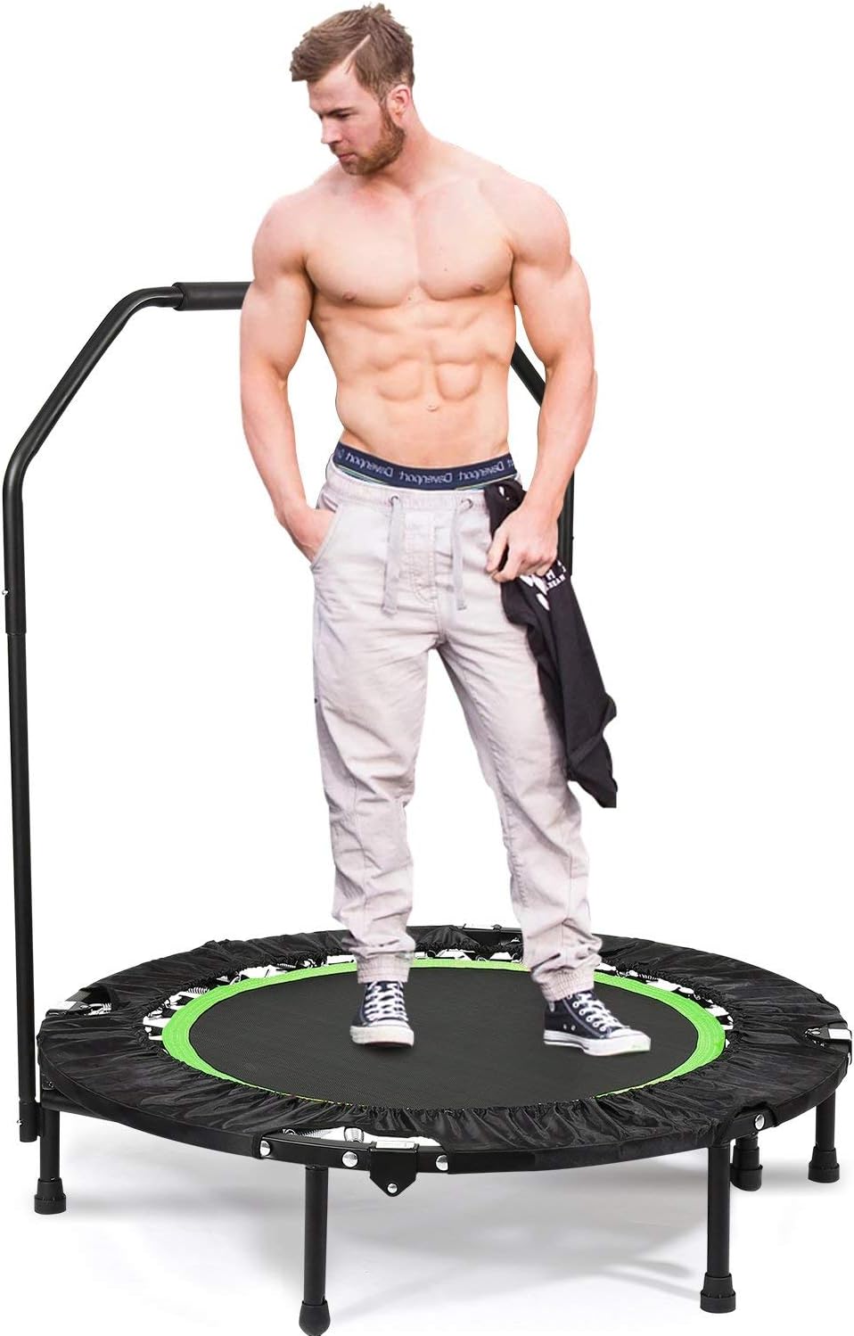 Jaketen 40" Foldable Rebounder Trampoline with Adjustable Handle Indoor Exercise Fitness Mini Trampoline for Adults or Kids (Green- Adjustable Legs)
