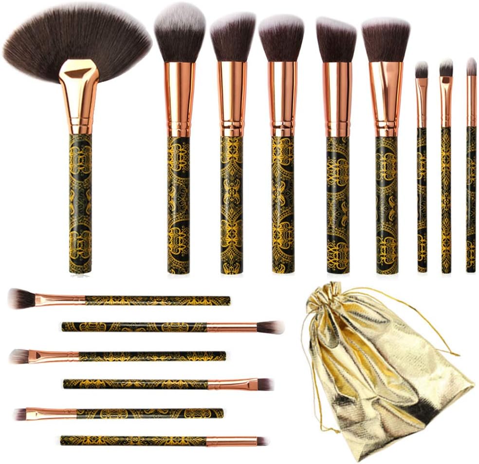 Easthost Makeup Brushes Set with Case Bag Professional Makeup Brush Kit With Golden Pattern Handle for Foundation Eyeshadow Concealer Blusher Blending Use for Powder Cream Liquid (15 PCS)