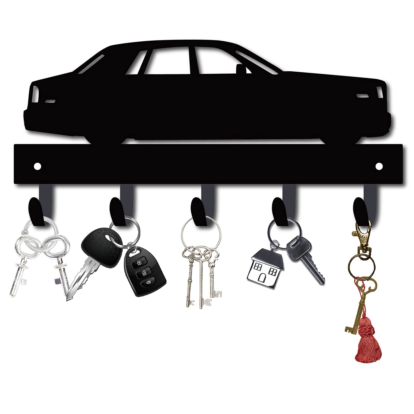 CREATCABIN Metal Key Holder Black Key Hooks Wall Mount Hanger Decor Iron Hanging Organizer Rock Decorative with 5 Hooks Car Pattern for Front Door Entryway Cabinet Hat Towel 10.6 x 5.1 x 1.5 inches