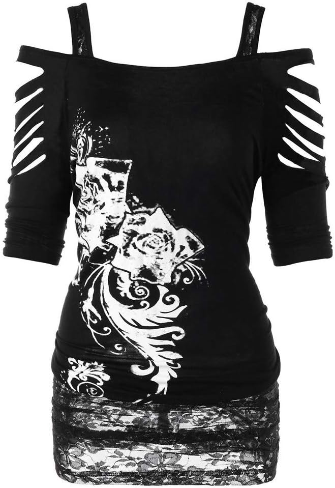 MococityHotsellhome Fashion Womens Clothing Off Shoulder Rock Gothic T Shirt Casual Ripped Sling Blouse Tops Clothes (Black, M)