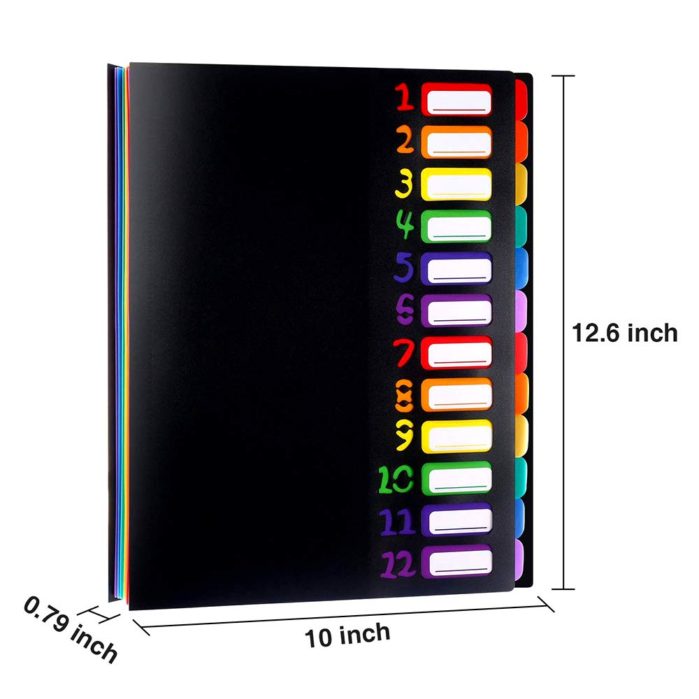 12 Pockets Expanding File Folder, A4 Letter Size Expandable File Organizer Hold 120 Sheets Portable Document Holder with File Labels for Office School Home (12 Pockets, Black)
