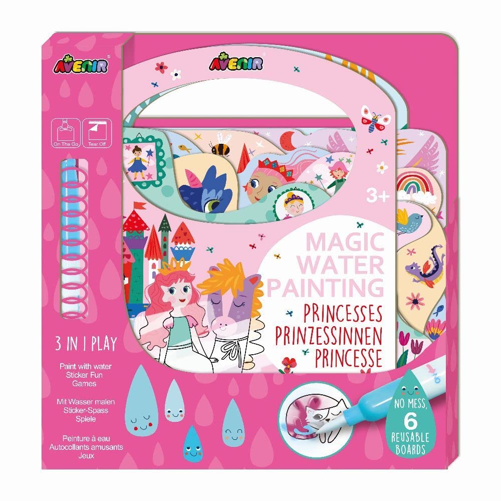Avenir Magic Water Painting | Creative Water Painting in Princess Themes | Mazes, Spot The Difference, Hide and Seek | Stickers, Games & Creative kit | Travel Kit Children 3 Years +