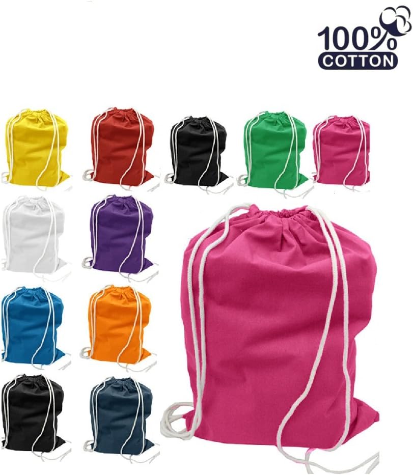 Assorted (Mix) Color Eco-Friendly Economical 6 oz. Cotton Canvas Drawstring Bag, Wholesale Cinch bags, Durable 100% COTTON Drawstring Tote Bags size 14"W x 18"H by SHOPINUSA (Assorted, 12)