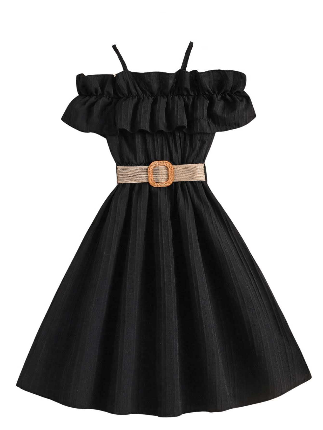 Photo 1 of Floerns Girls Cold Shoulder Ruffle Trim Short Sleeve Belted A Line Midi Dress Black 11-12Y