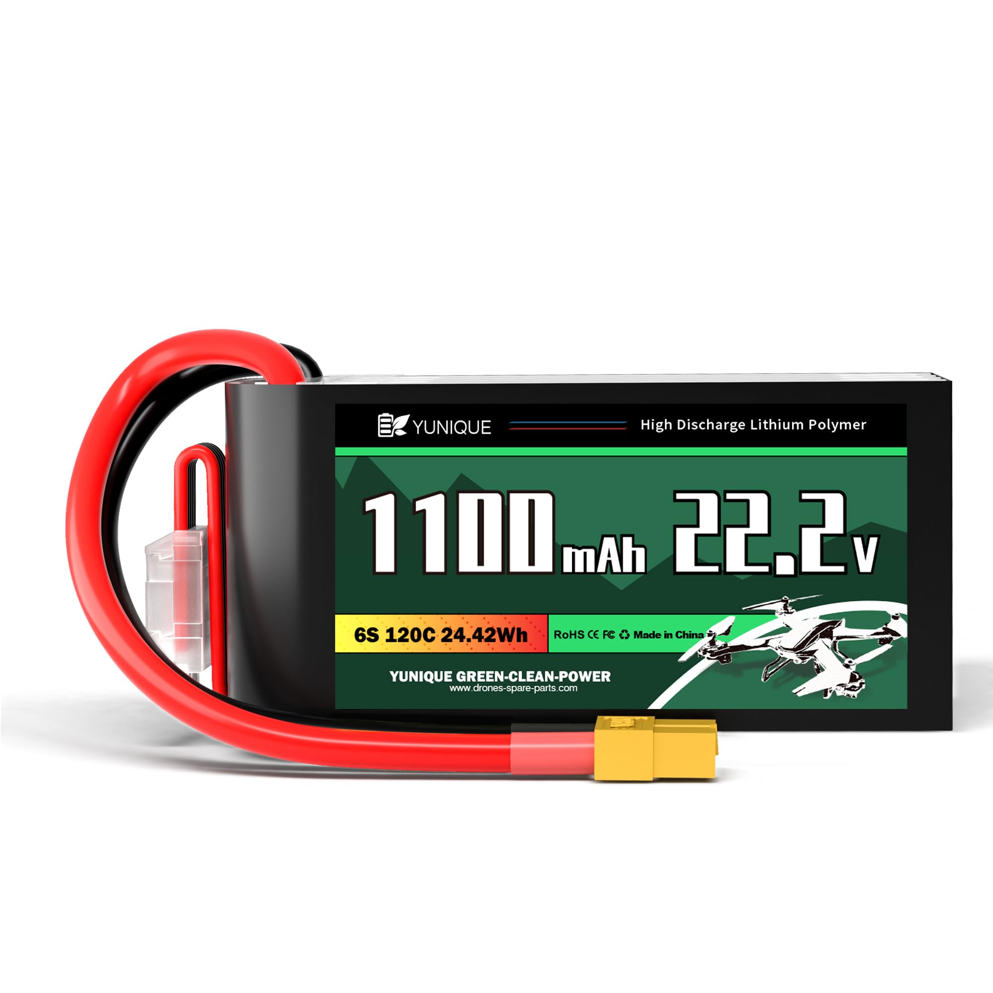 YUNIQUE GREEN-CLEAN-POWER Lipo Battery 6 Cells 22.2V 1100mAh 120C with XT60 Connector, Silicone Cable and Soft Shell – Dimensions 72 x 38 x 35 mm, Weight 265 g – High Power for RC Models