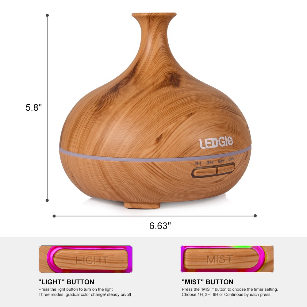 LEDGLE Essential Oil Diffuser 300 ml Ultrasonic Cool Mist Diffuser Air Humidifier with 7 Colour Changing LED Lights and 4 Timer Settings, Waterless Auto Shut-Off, Adjustable Mist Mode, Wood Grain
