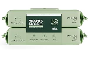 Nina Woof Dog Wipes – Fragrance-Free, Alcohol-Free, Hypoallergenic Pet Grooming Wipes with Aloe Vera, Biodegradable, for Dogs & Cats: Paws, Face, Ears & Butt – 2-Pack (140 Count)