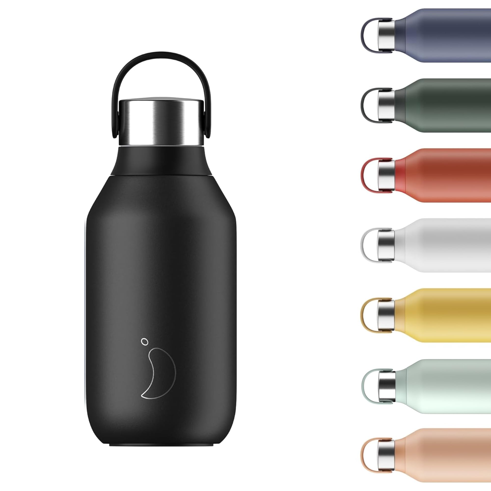 Chilly's Series 2 Water Bottle - Vacuum Insulated Stainless Steel Water Bottle with Soft Collar & Carry Loop, Thermal Flask for Hot & Cold Drinks - Leak Proof, No Sweat - Abyss Black, 350ml