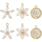 Beebeecraft 1 Box 6Pcs Cubic Zirconia Flower Charms 18K Gold Plated Brass 3 Styles Crystal Petal Charm for Jewelry Earring Making