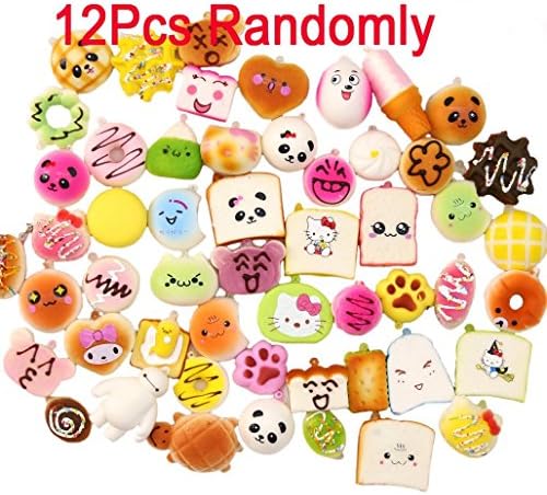 Konduone Random 12pcs Kawaii Soft Foods Jumbo Medium Mini Soft Squishy Cake/Panda/Bread/Buns Phone Straps