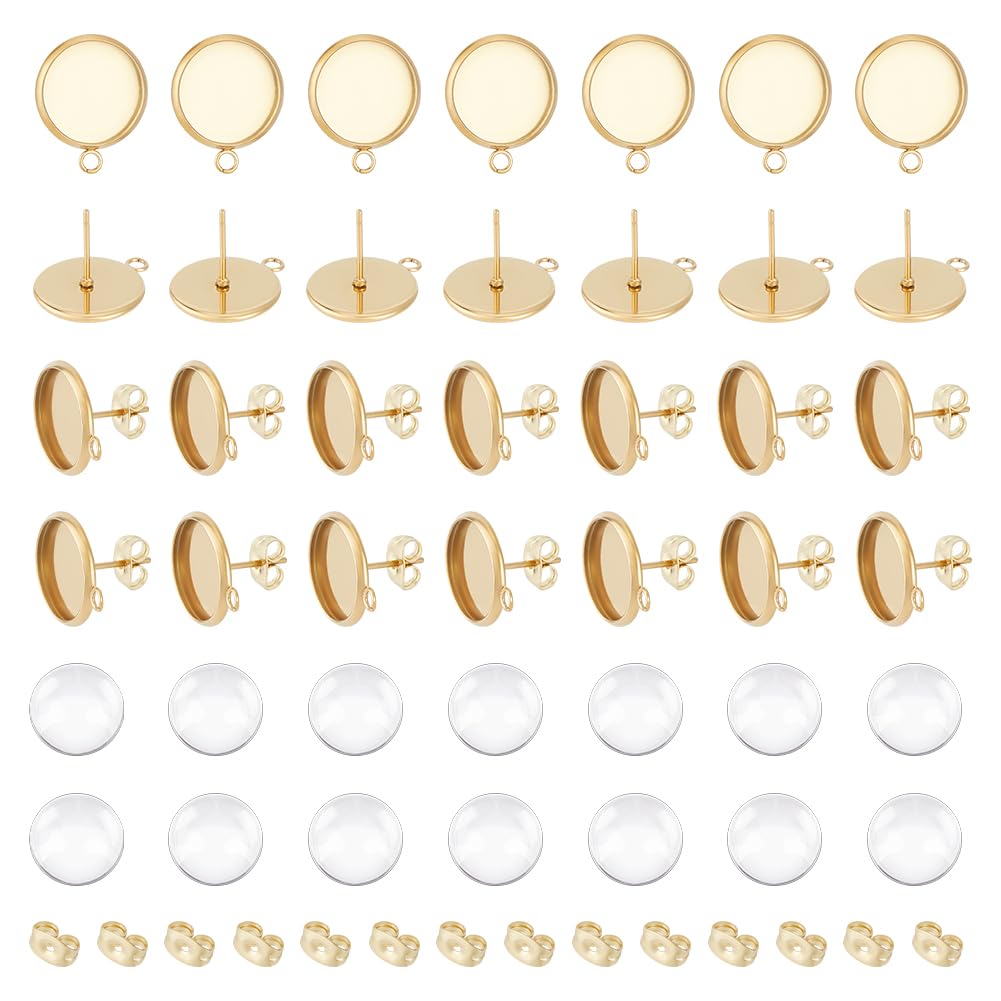UNICRAFTALE 30pcs 12mm Tray Flat Round Cabochon Stud Earring Sets - 304 Stainless Steel DIY Earring Accessories - Adult Female Jewelry Making Kit