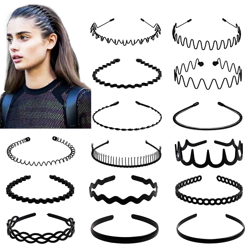 fani 15 Pcs Metal and Plastic Hair Hoop Set, Elastic Non Slip Hair Band Hoop Headwear, Black Wavy Simple Outdoors Unisex Hair Accessories for Men and Women : Beauty