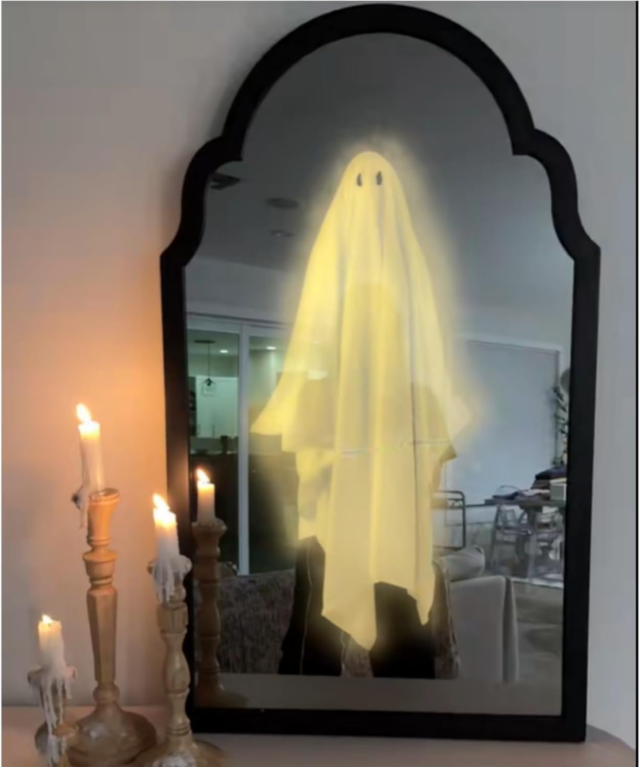 Photo 1 of 2025 Halloween Hologram Ghost Mirror – LED Spooky Haunted Mirror with Creepy Eyes, Indoor Halloween Wall Decor for Bedroom, Living Room, Fireplace, DIY Haunted House Props (Wavy Border, White Light)