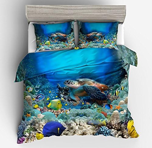 Jwellking 3D Turtle Bedding Sets Cover for Duvet Kids,3 Piece Queen Duvet Cover Set ,1 Duvet Cover+2 Turtle Pillow Shams( No Comforter Inside)