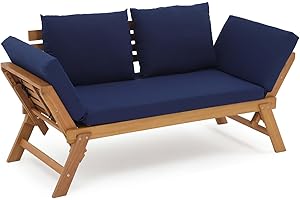 Verano Garden Outdoor Convertible Sofa Daybed, FSC Acacia Wood Patio Couch with Thick Cushion & Pillows for Porch, Backyard, Balcony, Apartment, Sunroom, Navy Blue