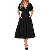 RuoRayVan Women's Summer Casual Short Sleeve Wrap Elastic Wasit Deep V Neck Mid A-Line Loose Dress 2025