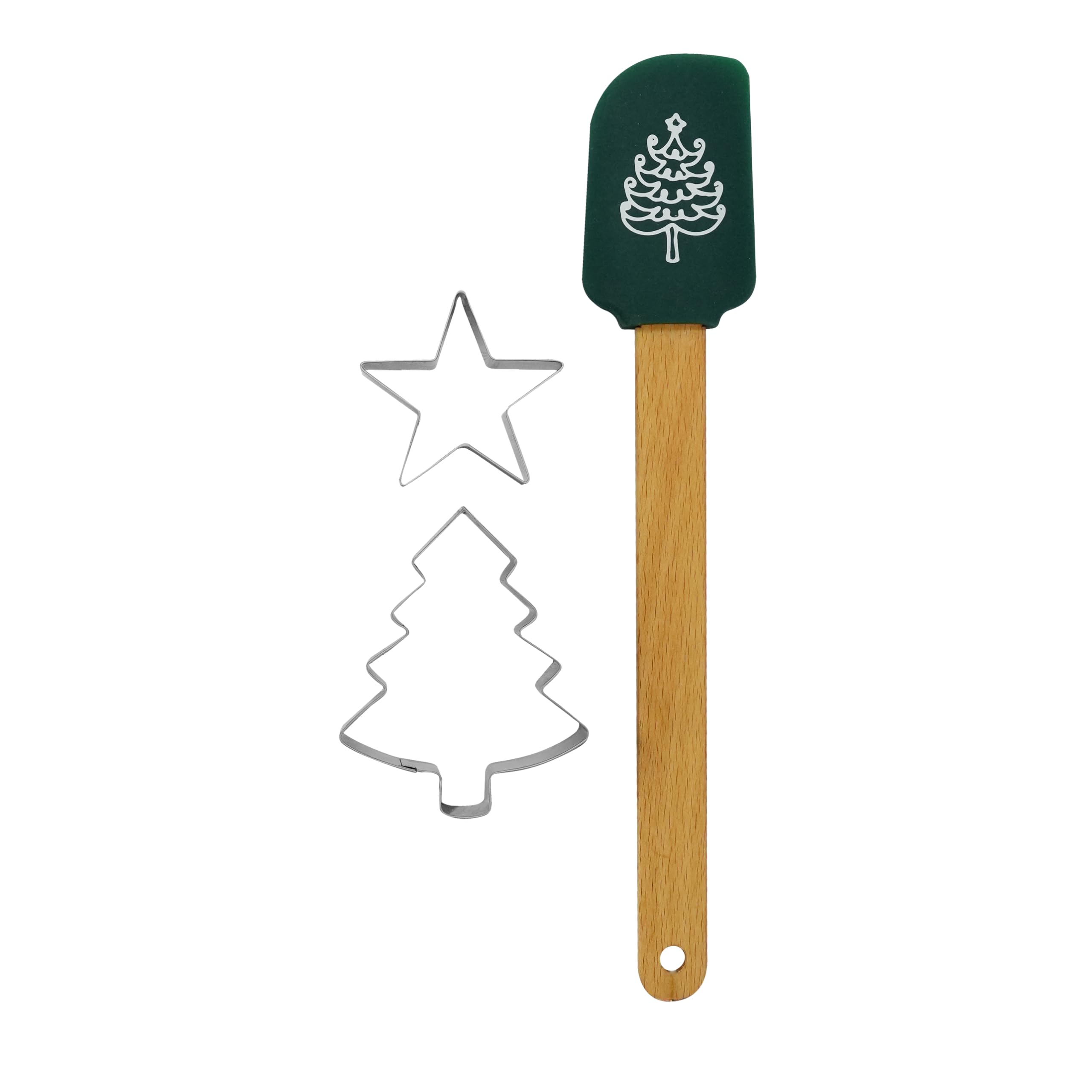 Zenker Christmas Baking Set, Silicone Spatula & 2 Cookie Cutters, Christmas Tree & Star, Non-Stick Non-Scratch with Xmas Tree Motif, Stainless Steel Cutters, Green Kitchen Tool & Silver Cutters