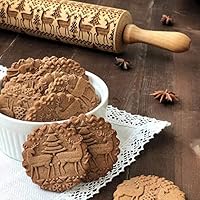 Luckygoo Christmas Wooden Rolling Pins Engraved Embossing Rolling Pin with Christmas Symbols for Baking Embossed Cookies Kitchen Tool (43×5cm)