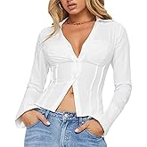 Women Y2k Long Sleeve V-Neck Button Down Shirts Sexy Lapel Collar Tunic Slim Fit Causal Crop Blouse