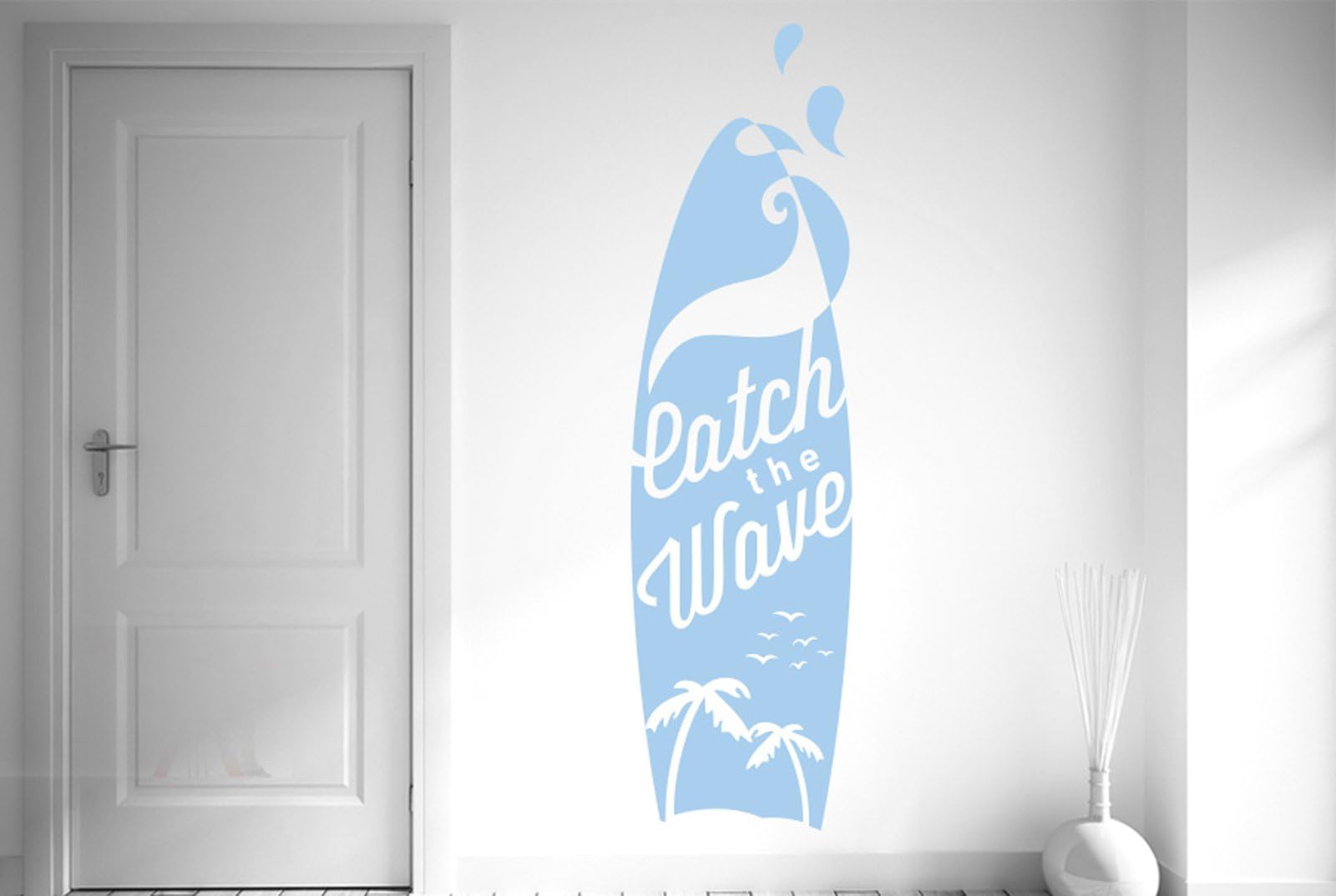 Catch The Wave Surf Board Wall Stickers Art Decals - Large (Height 139cm x Width 38cm) Light Blue