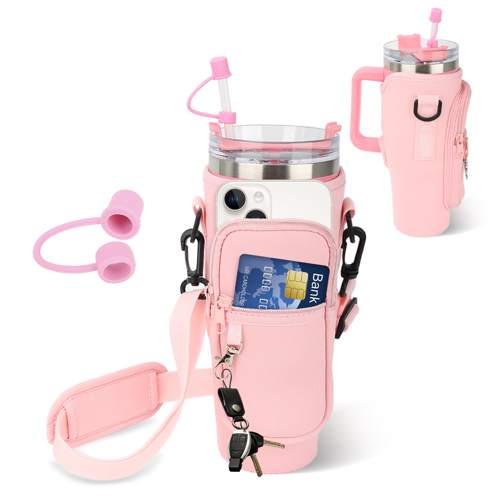 Sahunfri Bottle Bag for Stanley Cup 40oz, Water Bottle Holder fits Stanley Cup with Silicone Straw Cover, Adjustable Strap, Phone Pocket, Accessories for Stanley Cup for Walking, Travel (Pink)