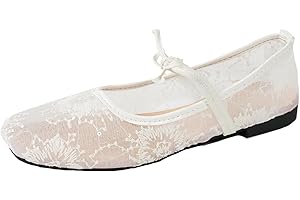 Womens Floral Lace Mesh Bow Mary Jane Embroidered Breathable Slip On Round Toe with Adjustable Strap Ballet Flats Shoes