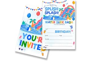 EUDOSI Water Slide Birthday Splash Party Invitations Supplies Fill-In Set of 20 with Envelopes Pool Party Birthday Invites Cards, Double Sided